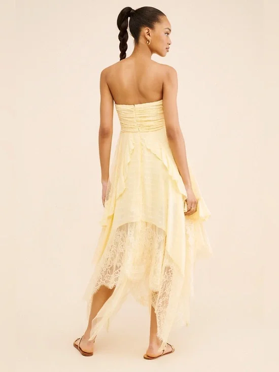 Free People Sheer Bliss Strapless Butter Yellow Lace Ruffle Maxi Dress - Picture 7 of 12